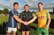 21 September 2013; St. Galls, Antrim,Corofin, captain Michael Pollock, left, referee Pat Fox and Galway, captain Gary Sice, during the 2013 FBD 7s at Kilmacud Crokes GAA Club. The competition, now in its 41st year, attracted top club teams from all over Ireland and provided a day of fantastic football for GAA fans. Kilmacud Crokes GAA Club, Stillorgan, Co. Dublin. Picture credit: Barry Cregg / SPORTSFILE