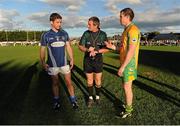 21 September 2013; St. Galls, Antrim,Corofin, captain Michael Pollock, left, referee Pat Fox and Galway, captain Gary Sice, during the 2013 FBD 7s at Kilmacud Crokes GAA Club. The competition, now in its 41st year, attracted top club teams from all over Ireland and provided a day of fantastic football for GAA fans. Kilmacud Crokes GAA Club, Stillorgan, Co. Dublin. Picture credit: Barry Cregg / SPORTSFILE