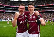 14 July 2024; Galway players Daniel Ó Flaherty, left, and Tomo Culhane celebrate after their side's victory in the GAA Football All-Ireland Senior Championship semi-final match between Donegal and Galway at Croke Park in Dublin. Photo by Seb Daly/Sportsfile