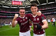 14 July 2024; Galway players Daniel Ó Flaherty, left, and Tomo Culhane celebrate after their side's victory in the GAA Football All-Ireland Senior Championship semi-final match between Donegal and Galway at Croke Park in Dublin. Photo by Seb Daly/Sportsfile