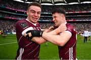 14 July 2024; Galway players Daniel Ó Flaherty, left, and Tomo Culhane celebrate after their side's victory in the GAA Football All-Ireland Senior Championship semi-final match between Donegal and Galway at Croke Park in Dublin. Photo by Seb Daly/Sportsfile