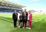 14 July 2024; President of Cumann na mBunscol Gary Farrell, LGFA CEO Helen O'Rourke, Uachtarán Chumann Lúthchleas Gael Jarlath Burns, INTO President Carmel Browne, with referees Shay Donnelly, Roan St Patrick's PS, Dungannon, Tyrone and Keeva McCullagh, St Colmcille's Carrickmore PS, Omagh, Tyrone, ahead of the GAA INTO Cumann na mBunscol Respect Exhibition Go Games at the GAA Football All-Ireland Senior Championship semi-final match between Donegal and Galway at Croke Park in Dublin. Photo by Daire Brennan/Sportsfile