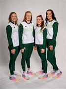 17 July 2024; Swimmers, from left, Mona McSharry, Danielle Hill, Ellen Walshe and Victoria Catterson during the Team Ireland Paris 2024 team announcement for Swimming at the Crowne Plaza Hotel in Blanchardstown, Dublin. Photo by David Fitzgerald/Sportsfile