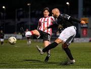 18 July 2024; Lee Coombes of Magpies in action against Colm Whelan of Derry City during the UEFA Conference League first qualifying round second leg match between Derry City and FCB Magpies at the Ryan McBride Brandywell Stadium in Derry. Photo by Stephen McCarthy/Sportsfile