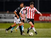 18 July 2024; Colm Whelan of Derry City in action against Álex Carrascal of Magpies during the UEFA Conference League first qualifying round second leg match between Derry City and FCB Magpies at the Ryan McBride Brandywell Stadium in Derry. Photo by Stephen McCarthy/Sportsfile