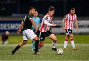 18 July 2024; Colm Whelan of Derry City in action against Álex Carrascal of Magpies during the UEFA Conference League first qualifying round second leg match between Derry City and FCB Magpies at the Ryan McBride Brandywell Stadium in Derry. Photo by Stephen McCarthy/Sportsfile