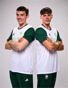 20 June 2024; Ross Corrigan, left, and Nathan Timoney during the Rowing Team Ireland Paris 2024 team announcement at the Oriel House Hotel in Ballincollig, Cork. Photo by Harry Murphy/Sportsfile