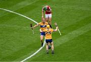 21 July 2024; John Conlon, left, and Shane Meehan of Clare and Robbie O'Flynn of Cork react at the final whistle of the GAA Hurling All-Ireland Senior Championship Final between Clare and Cork at Croke Park in Dublin. Photo by Daire Brennan/Sportsfile