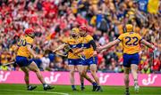21 July 2024; Clare players, from left, Darragh Lohan, Shane Meehan, John Conlon and Seadna Morey celebrate at the final whistle of the GAA Hurling All-Ireland Senior Championship Final between Clare and Cork at Croke Park in Dublin. Photo by Brendan Moran/Sportsfile