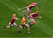 21 July 2024; Tony Kelly of Clare in action against Niall O'Leary, left, and Ciarán Joyce of Cork during the GAA Hurling All-Ireland Senior Championship Final between Clare and Cork at Croke Park in Dublin. Photo by Daire Brennan/Sportsfile