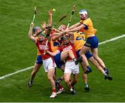 21 July 2024; Cork players, left to right, Robbie O'Flynn, Brian Hayes, and Darragh Fitzgibbon in action against Clare players, left to right, David McInerney, John Conlon, Darragh Lohan, and Diarmuid Ryan, during the GAA Hurling All-Ireland Senior Championship Final between Clare and Cork at Croke Park in Dublin. Photo by Daire Brennan/Sportsfile