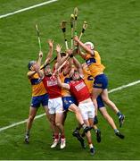 21 July 2024; Cork players, left to right, Robbie O'Flynn, Brian Hayes, and Darragh Fitzgibbon in action against Clare players, left to right, David McInerney, John Conlon, Darragh Lohan, and Diarmuid Ryan, during the GAA Hurling All-Ireland Senior Championship Final between Clare and Cork at Croke Park in Dublin. Photo by Daire Brennan/Sportsfile