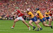 21 July 2024; Robbie O'Flynn of Cork shoots wide late in extra time whilst under pressure from Conor Leen and David McInerney of Clare during the GAA Hurling All-Ireland Senior Championship Final between Clare and Cork at Croke Park in Dublin. Photo by Sam Barnes/Sportsfile