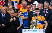 21 July 2024; Clare captain Tony Kelly makes his speech, which is signed by Senan Dunne, left, after the GAA Hurling All-Ireland Senior Championship Final between Clare and Cork at Croke Park in Dublin. Photo by Brendan Moran/Sportsfile
