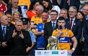 21 July 2024; Clare captain Tony Kelly makes his speech, which is signed by Senan Dunne, left, after the GAA Hurling All-Ireland Senior Championship Final between Clare and Cork at Croke Park in Dublin. Photo by Brendan Moran/Sportsfile