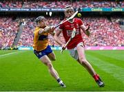 21 July 2024; Ethan Twomey of Cork is tackled by Tony Kelly of Clare during the GAA Hurling All-Ireland Senior Championship Final match between Clare and Cork at Croke Park in Dublin. Photo by Seb Daly/Sportsfile