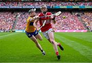 21 July 2024; Ethan Twomey of Cork is tackled by Tony Kelly of Clare during the GAA Hurling All-Ireland Senior Championship Final match between Clare and Cork at Croke Park in Dublin. Photo by Seb Daly/Sportsfile