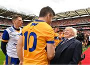 21 July 2024; President of Ireland Michael D Higgins shakes hands with Tony Kelly of Clare before the GAA Hurling All-Ireland Senior Championship Final between Clare and Cork at Croke Park in Dublin. Photo by Sam Barnes/Sportsfile