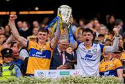 21 July 2024; Clare's Cian Galvin, left, and Cian Broderick lifts the Liam MacCarthy cup following victory in the GAA Hurling All-Ireland Senior Championship Final between Clare and Cork at Croke Park in Dublin. Photo by Stephen McCarthy/Sportsfile
