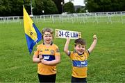 22 July 2024; Clare supporters Aoife Healy, six years, and her three year old brother Jason, from Kilmaley, before the homecoming celebrations of the All-Ireland Senior Hurling Champions at Active Ennis Tim Smythe Park in Clare. Photo by Piaras Ó Mídheach/Sportsfile