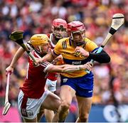 21 July 2024; John Conlon of Clare in action against Shane Barrett of Cork during the GAA Hurling All-Ireland Senior Championship Final between Clare and Cork at Croke Park in Dublin. Photo by Piaras Ó Mídheach/Sportsfile