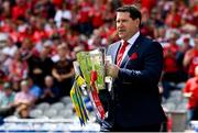 21 July 2024; Mark Landers of the Cork hurling jubilee 1999 All Ireland winning team beings out the Liam MacCarthy cup before the GAA Hurling All-Ireland Senior Championship Final between Clare and Cork at Croke Park in Dublin. Photo by Brendan Moran/Sportsfile