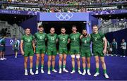 24 July 2024; Team Ireland players, from left, Hugo Lennox, Chay Mullins, Niall Comerford, Andrew Smith, Jack Kelly, Mark Roche and Gavin Mullin after the Men's Rugby Sevens Pool A match between Team Ireland and Team South Africa at the Stade de France during the 2024 Paris Summer Olympic Games in Paris, France. Photo by David Fitzgerald/Sportsfile