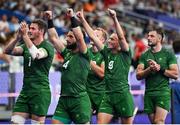 24 July 2024; Team Ireland players, from left, Jack Kelly, Mark Roche, Niall Comerford, Hugo Lennox and Andrew Smith after the Men's Rugby Sevens Pool A match between Team Ireland and Team Japan at the Stade de France during the 2024 Paris Summer Olympic Games in Paris, France. Photo by David Fitzgerald/Sportsfile