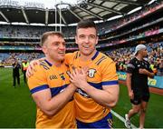 21 July 2024; Clare captain Tony Kelly, right, and team-mate Shane O'Donnell celebrate after their side's victory in the GAA Hurling All-Ireland Senior Championship Final between Clare and Cork at Croke Park in Dublin. Photo by Sam Barnes/Sportsfile