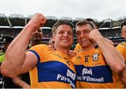 21 July 2024; Shane O'Donnell of Clare, right, celebrates with team-mate John Conlon after their side's victory in the GAA Hurling All-Ireland Senior Championship Final between Clare and Cork at Croke Park in Dublin. Photo by Sam Barnes/Sportsfile