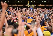 21 July 2024; Clare captain Tony Kelly lifts Liam MacCarthy cup after his side's victory in the GAA Hurling All-Ireland Senior Championship Final between Clare and Cork at Croke Park in Dublin. Photo by Sam Barnes/Sportsfile