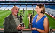 26 July 2024; Lifetime Achievement recipients Eugene "Nudie" Hughes of Monaghan and Sue Ramsbottom of Laois with their awards at the GPA Football Legends Lunch at Croke Park in Dublin. Photo by Piaras Ó Mídheach/Sportsfile