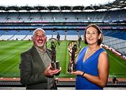 26 July 2024; Lifetime Achievement recipients Eugene &quot;Nudie&quot; Hughes of Monaghan and Sue Ramsbottom of Laois with their awards at the GPA Football Legends Lunch at Croke Park in Dublin. Photo by Piaras Ó Mídheach/Sportsfile