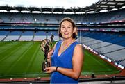 26 July 2024; Lifetime Achievement recipient Sue Ramsbottom of Laois with her award at the GPA Football Legends Lunch at Croke Park in Dublin. Photo by Piaras Ó Mídheach/Sportsfile