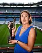 26 July 2024; Lifetime Achievement recipient Sue Ramsbottom of Laois with her award at the GPA Football Legends Lunch at Croke Park in Dublin. Photo by Piaras Ó Mídheach/Sportsfile