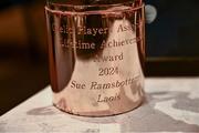 26 July 2024; A detailed view of the Lifetime Achievement award of Sue Ramsbottom of Laois at the GPA Football Legends Lunch at Croke Park in Dublin. Photo by Piaras Ó Mídheach/Sportsfile