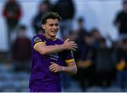 26 July 2024; Aaron Dobbs of Wexford reacts after having a shot on goal saved by Bray Wanderers goalkeeper Jimmy Corcoran during the SSE Airtricity Men's First Division match between Bray Wanderers and Wexford at Carlisle Grounds in Bray, Wicklow. Photo by Thomas Flinkow/Sportsfile