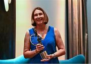26 July 2024; Lifetime Achievement recipient Sue Ramsbottom of Laois with her award at the GPA Football Legends Lunch at Croke Park in Dublin. Photo by Piaras Ó Mídheach/Sportsfile