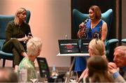 26 July 2024; Lifetime Achievement recipient Sue Ramsbottom of Laois, right, is interviewed by former Mayo footballer Cora Staunton, left, at the GPA Football Legends Lunch at Croke Park in Dublin. Photo by Piaras Ó Mídheach/Sportsfile