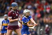 27 July 2024; Clodagh McIntyre of Tipperary in action against Niamh Hanniffy of Galway during the Glen Dimplex Camogie All-Ireland Senior Championship semi-final match between Galway and Tipperary at UPMC Nowlan Park in Kilkenny. Photo by Harry Murphy/Sportsfile