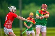 27 July 2024; Conor O'Malley of Moytura in action against Marc Harkin of Coolera Strandhill during the CúChulainn Hurling League Connacht Divison Two final match between Coolera Strandhill and Moytura at the Connacht GAA Centre of Excellence in Bekan, Mayo. Photo by Seb Daly/Sportsfile