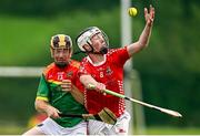 27 July 2024; Oisin Hennessy of Coolera Strandhill in action against Brian Mullins of Moytura during the CúChulainn Hurling League Connacht Divison Two final match between Coolera Strandhill and Moytura at the Connacht GAA Centre of Excellence in Bekan, Mayo. Photo by Seb Daly/Sportsfile