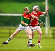 27 July 2024; Oisin Hennessy of Coolera Strandhill in action against Brian Mullins of Moytura during the CúChulainn Hurling League Connacht Divison Two final match between Coolera Strandhill and Moytura at the Connacht GAA Centre of Excellence in Bekan, Mayo. Photo by Seb Daly/Sportsfile