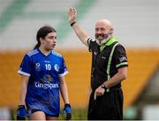 27 July 2024; Referee Gus Chapman with Ella Sheridan of Cavan during the ZuCar All-Ireland Ladies Football U-18 Championship A final match between Cavan and Kerry at O’Connor Park in Tullamore, Offaly. Photo by Michael P Ryan/Sportsfile