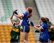 27 July 2024; Katie O'Meara of Cavan in action against Éabha Ní Laighin of Kerry during the ZuCar All-Ireland Ladies Football U-18 Championship A final match between Cavan and Kerry at O’Connor Park in Tullamore, Offaly. Photo by Michael P Ryan/Sportsfile