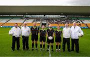 27 July 2024; Referee Gus Chapman and his officials before the ZuCar All-Ireland Ladies Football U-18 Championship A final match between Cavan and Kerry at O’Connor Park in Tullamore, Offaly. Photo by Michael P Ryan/Sportsfile