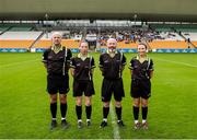 27 July 2024; Referee Gus Chapman, second from right, with his assistants, from left, fourth official, Kevin Phelan, linesperson, Heather Monahan, and Leah Mullins, before the ZuCar All-Ireland Ladies Football U-18 Championship A final match between Cavan and Kerry at O’Connor Park in Tullamore, Offaly. Photo by Michael P Ryan/Sportsfile