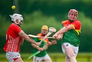 27 July 2024; Conor O'Malley of Moytura in action against Marc Harkin of Coolera Strandhill during the CúChulainn Hurling League Connacht Divison Two final match between Coolera Strandhill and Moytura at the Connacht GAA Centre of Excellence in Bekan, Mayo. Photo by Seb Daly/Sportsfile