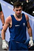 28 July 2024; Aidan Walsh of Team Ireland dejected after his defeat by Makan Traore of Team France in their men's 71kg preliminary round of 32 bout at the North Paris Arena during the 2024 Paris Summer Olympic Games in Paris, France. Photo by David Fitzgerald/Sportsfile