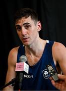 28 July 2024; Aidan Walsh of Team Ireland speaks to media after his defeat by Makan Traore of Team France in their men's 71kg preliminary round of 32 bout at the North Paris Arena during the 2024 Paris Summer Olympic Games in Paris, France. Photo by David Fitzgerald/Sportsfile